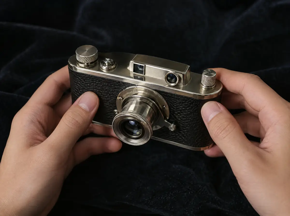 Two hands holding a 1920s-style rangefinder camera.
