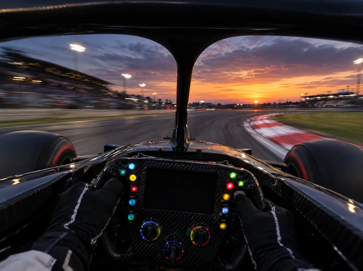 Driver's-eye view from a race car cockpit, through the halo, heading into a corner at sunset.