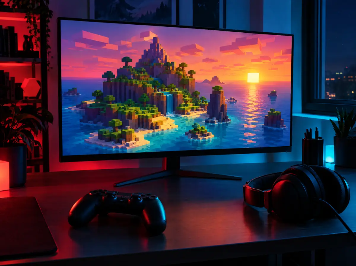 A gaming desk at night with a controller, headphones and a monitor showing a blocky island landscape.