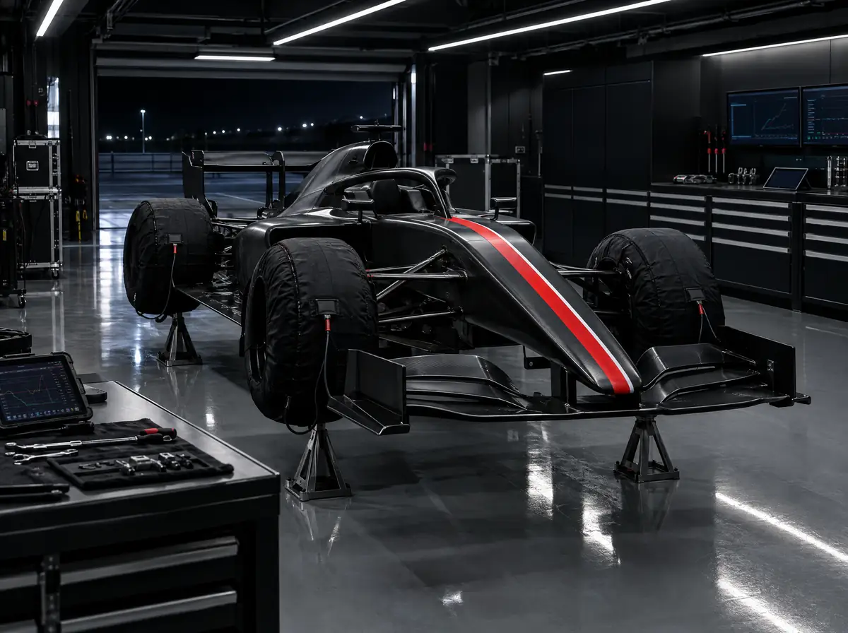 An original carbon-black race car with a red stripe on stands in a team garage at night.
