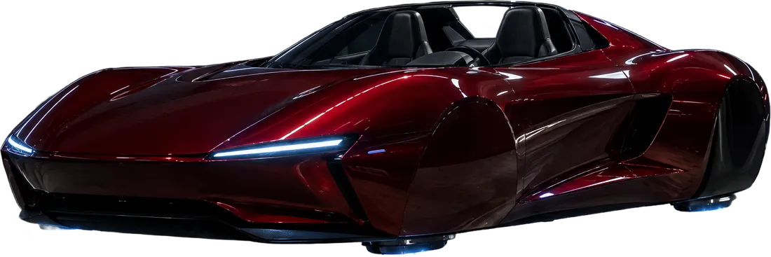 An original deep-red two-seat electric roadster hovering above a garage floor on glowing blue thrusters.
