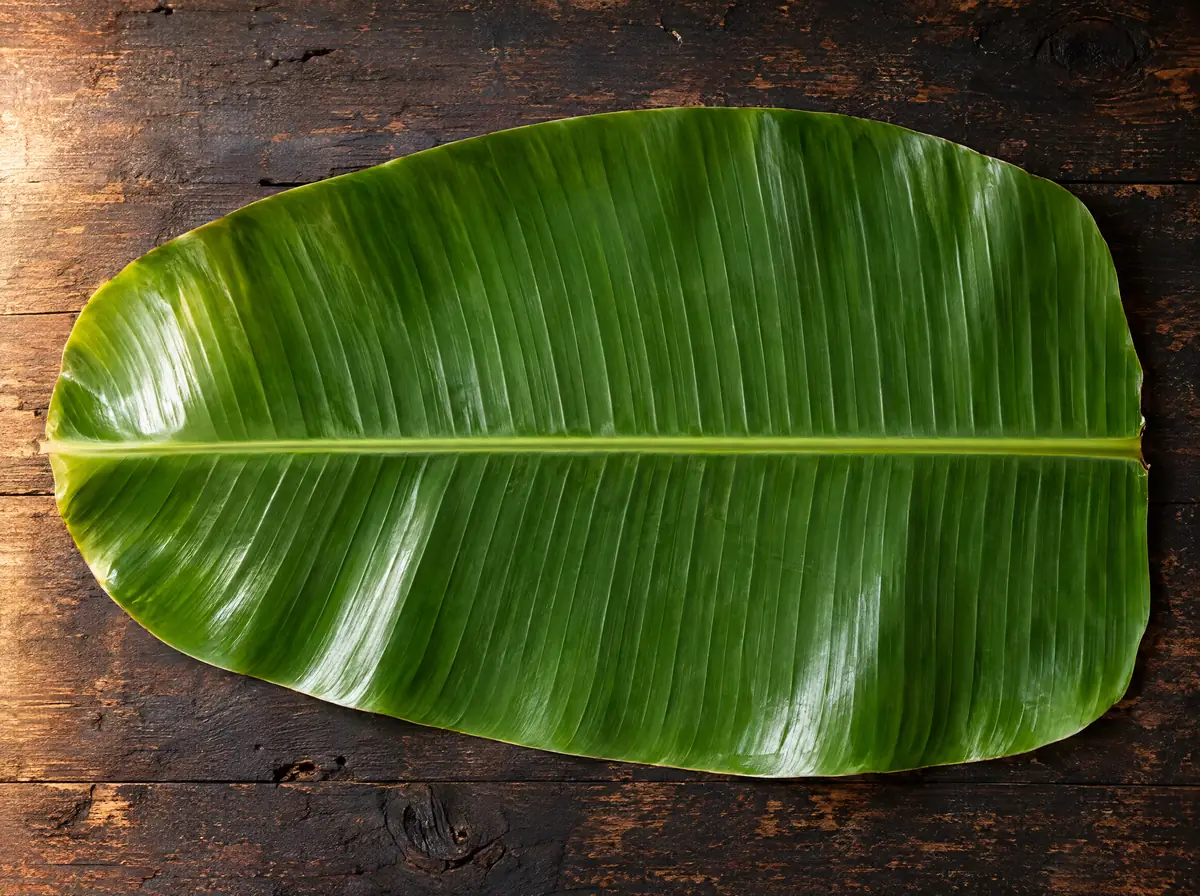 A banana leaf on a dark wooden table, ready for plating.