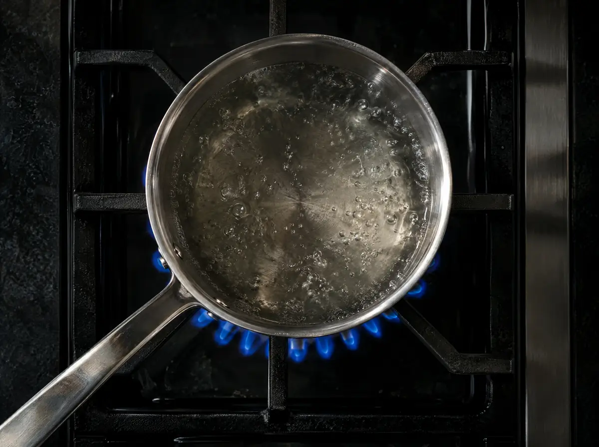 A saucepan of simmering water over a gas flame.