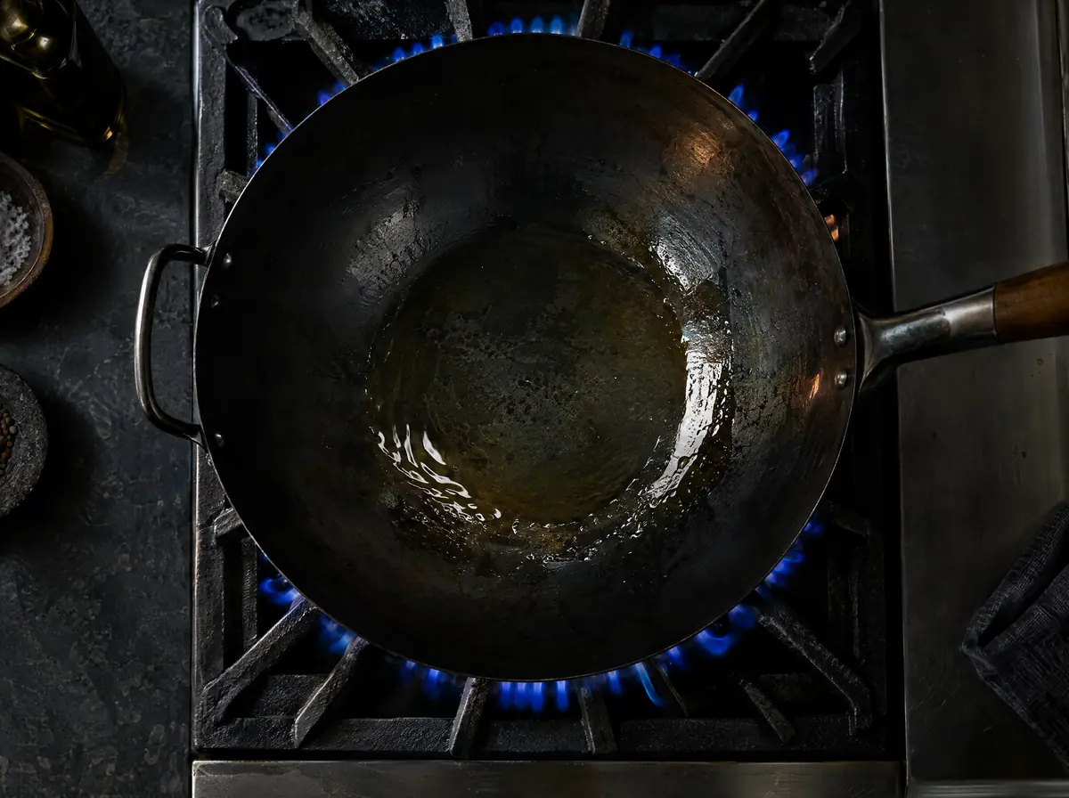 A black wok over a gas flame.