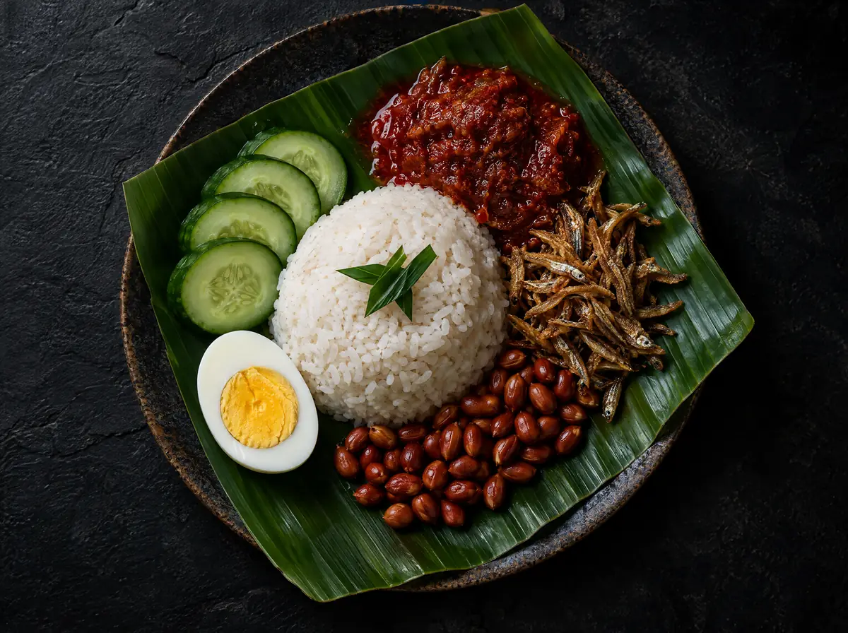 A plate of nasi lemak on a banana leaf with sambal, anchovies, peanuts, cucumber and egg.