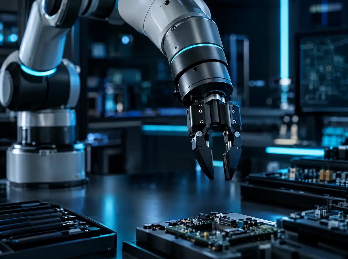 A robotic arm with a precise gripper in a dark engineering lab lit in cyan.