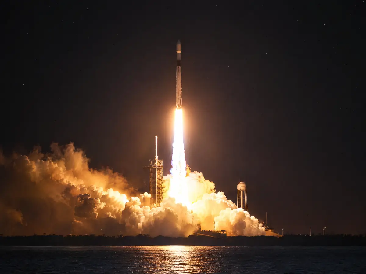 A rocket lifting off at night above clouds of glowing exhaust.