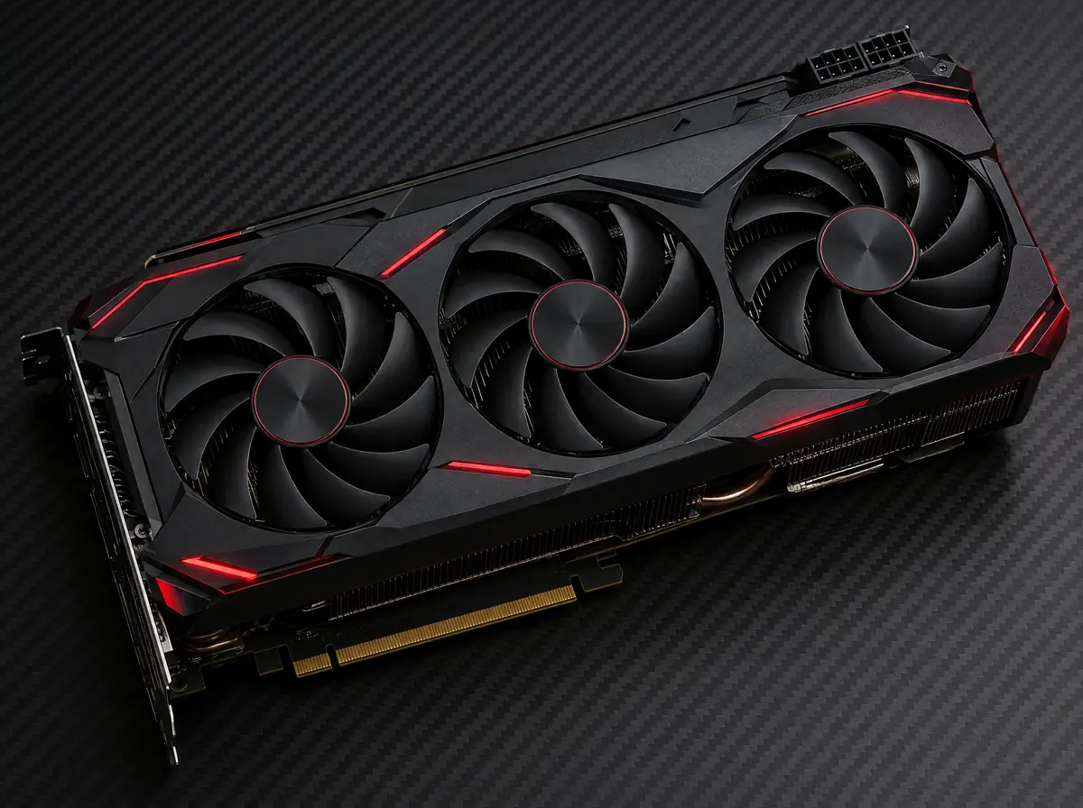 A large unbranded graphics card with three fans and red accent lights.