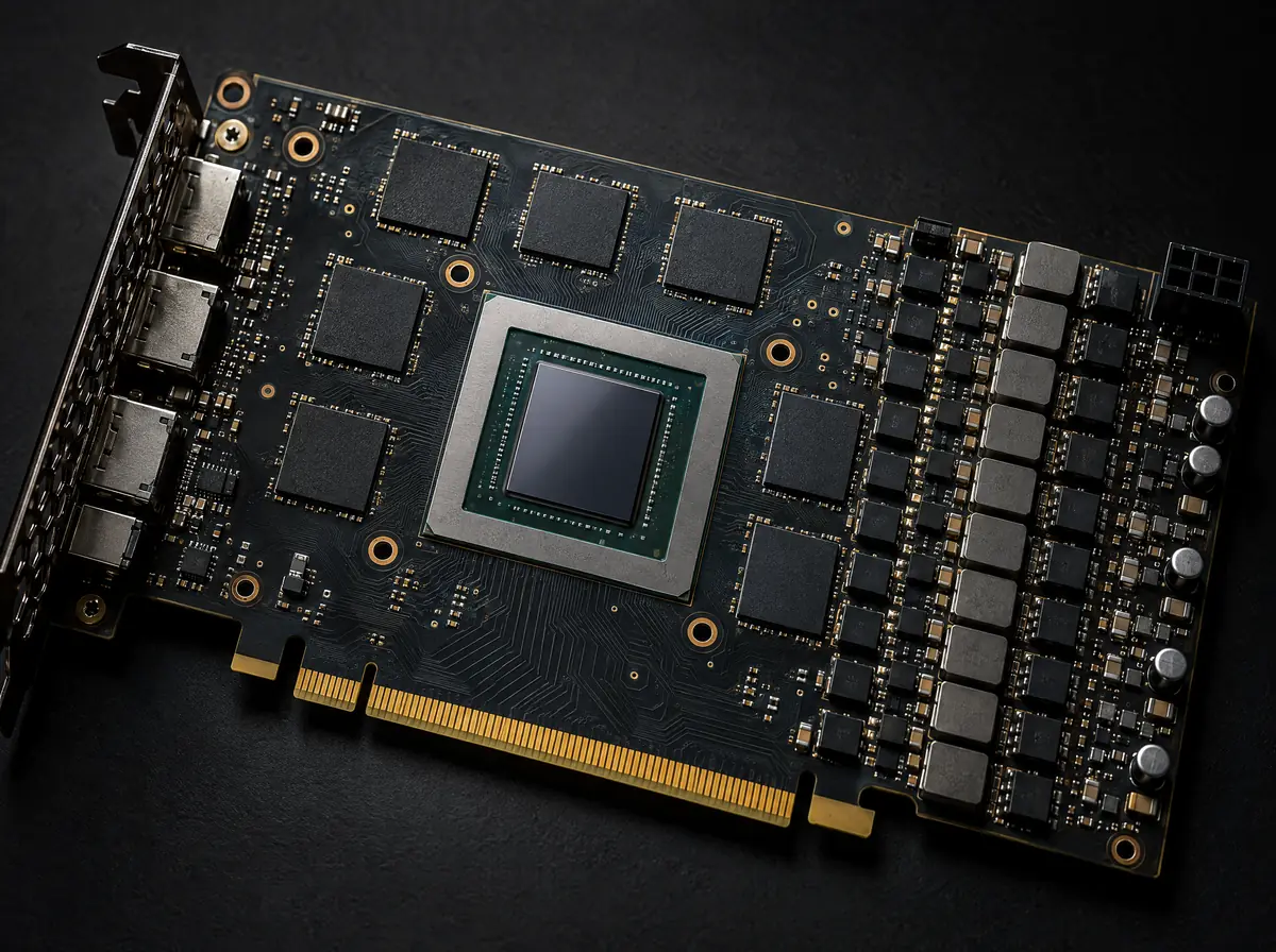 The bare graphics card circuit board: the GPU chip in the middle, memory chips around it and power stages on the right.