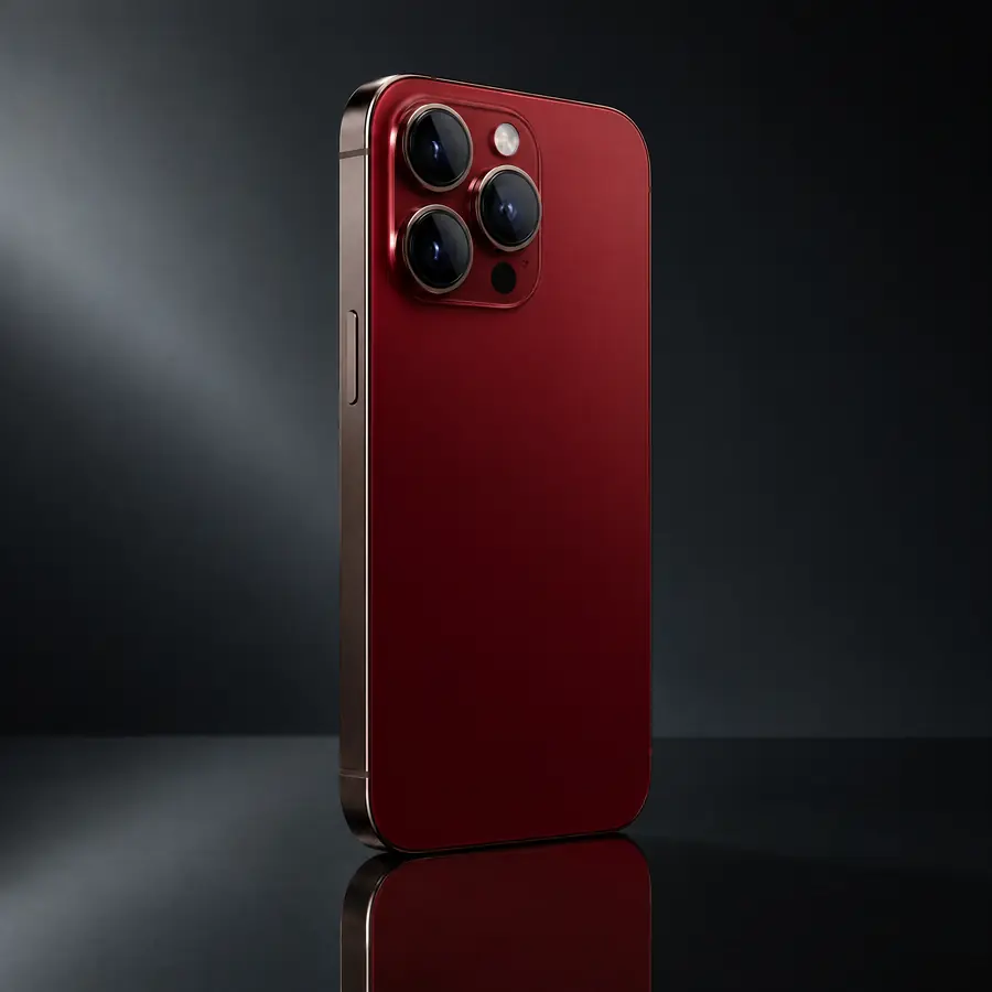 The back of a premium phone in deep red with a triple camera.