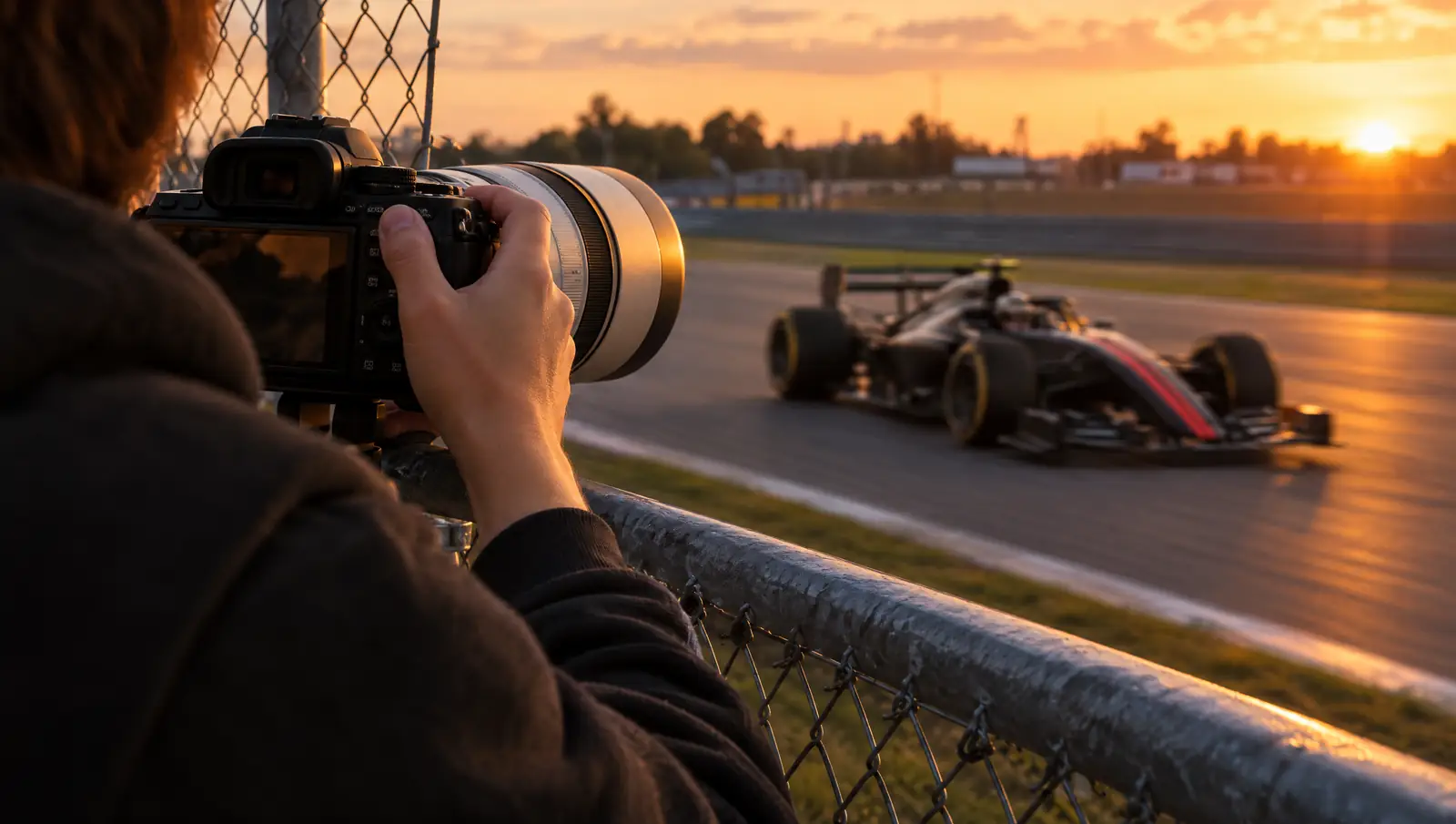Over-the-shoulder view of a photographer with a telephoto lens at a circuit fence at sunset, as an original race car speeds past.