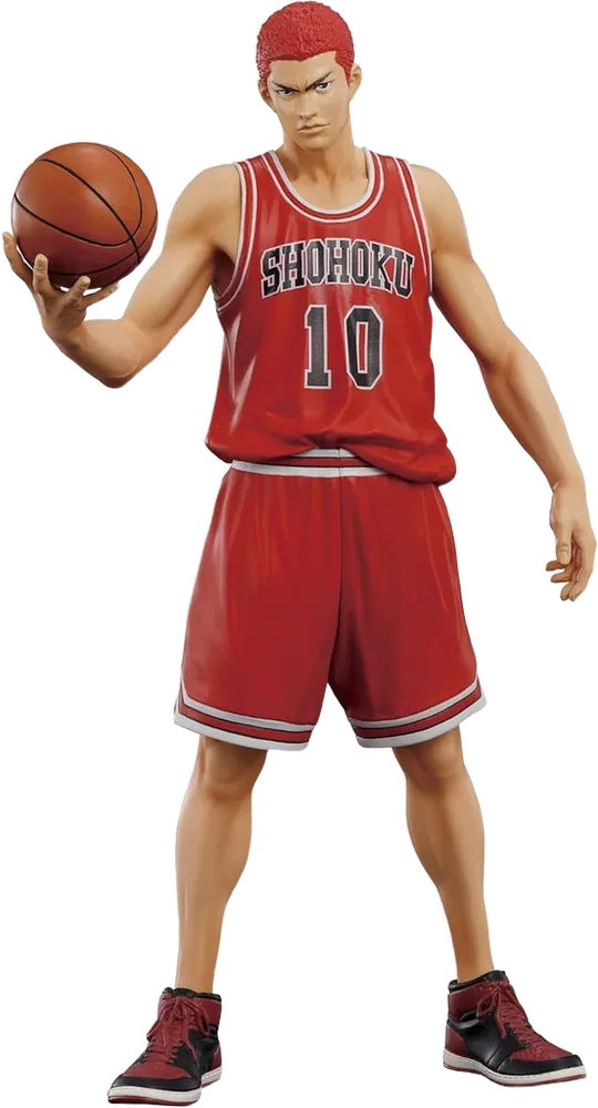 A collectible figure of Hanamichi Sakuragi from Slam Dunk in a red number 10 jersey, holding a basketball.